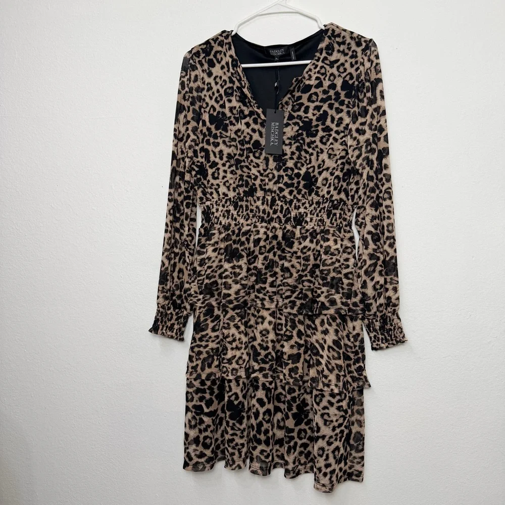 Badgley Mischka Leopard Print‎ Long Sleeve Dress size PL